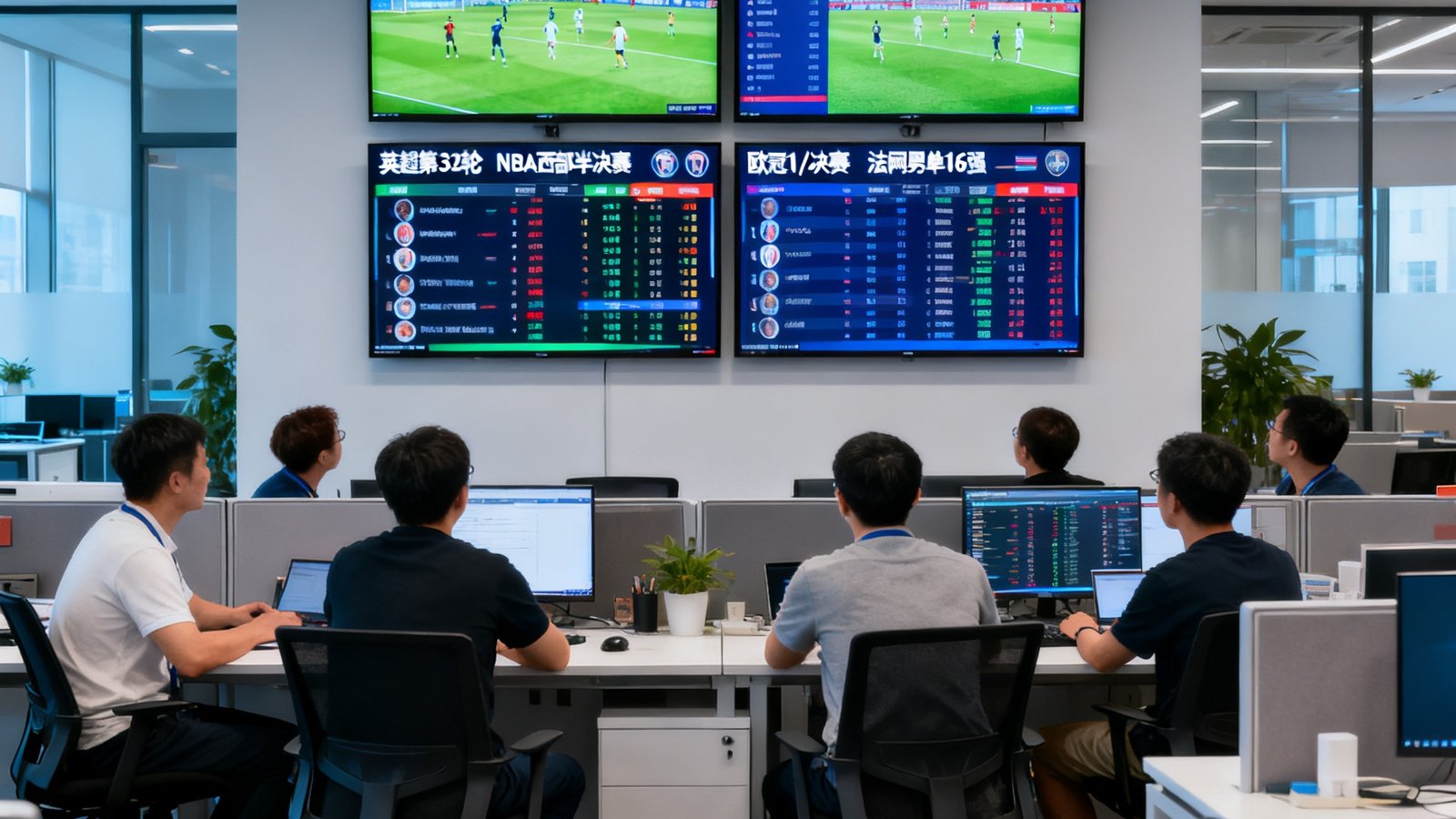 智博体育资讯北京总部办公场景，开放式工位区，墙上悬挂四块实时赛事数据监控大屏，团队成员正在分析当日全球赛事信息流