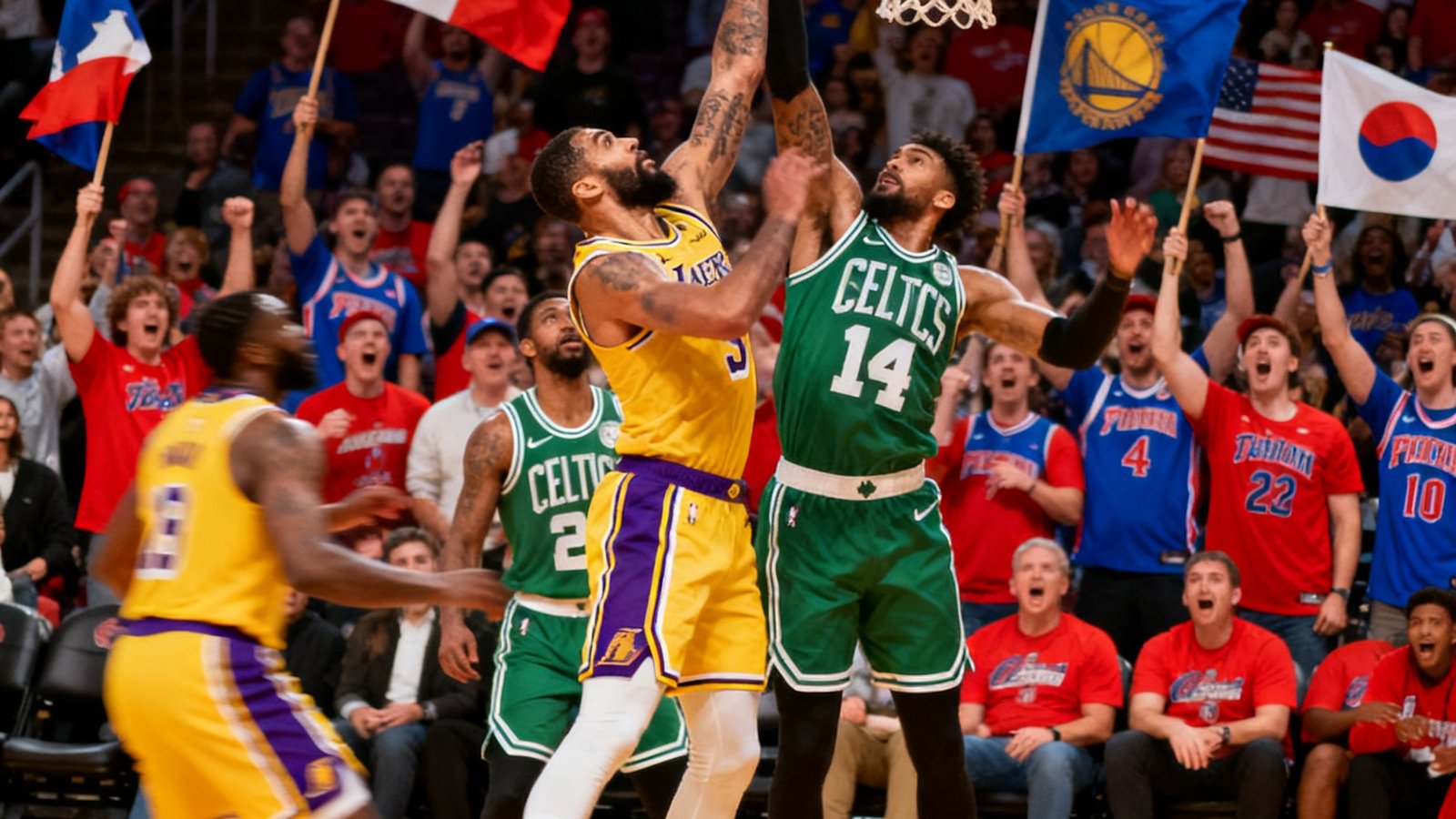 NBA常规赛中洛杉矶湖人队与波士顿凯尔特人队激烈对决，两名内线球员在篮下奋力争抢篮板球，现场观众情绪高涨